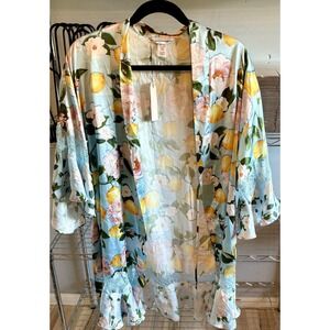 Victoria's Secret Lemon and Floral Print Satin Kimono with Lace Trim XS/S NWT